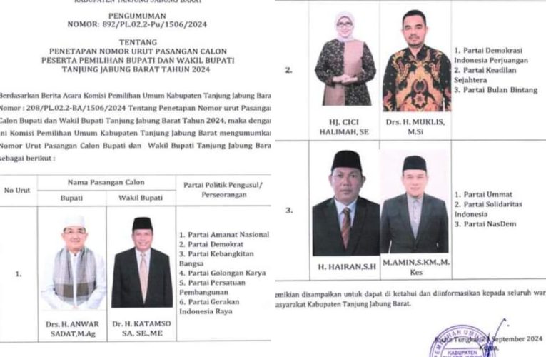 KPU Tanjab Barat Umumkan Penetapan Nomor Urut Paslon Peserta Pilkada 2024